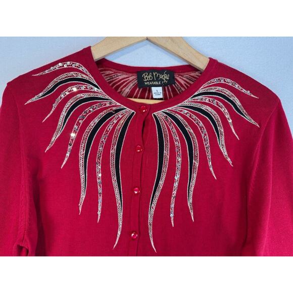 Bob Mackie Womens Cardigan Sweater Size L Red Beaded Art To Wear - Picture 2 of 5
